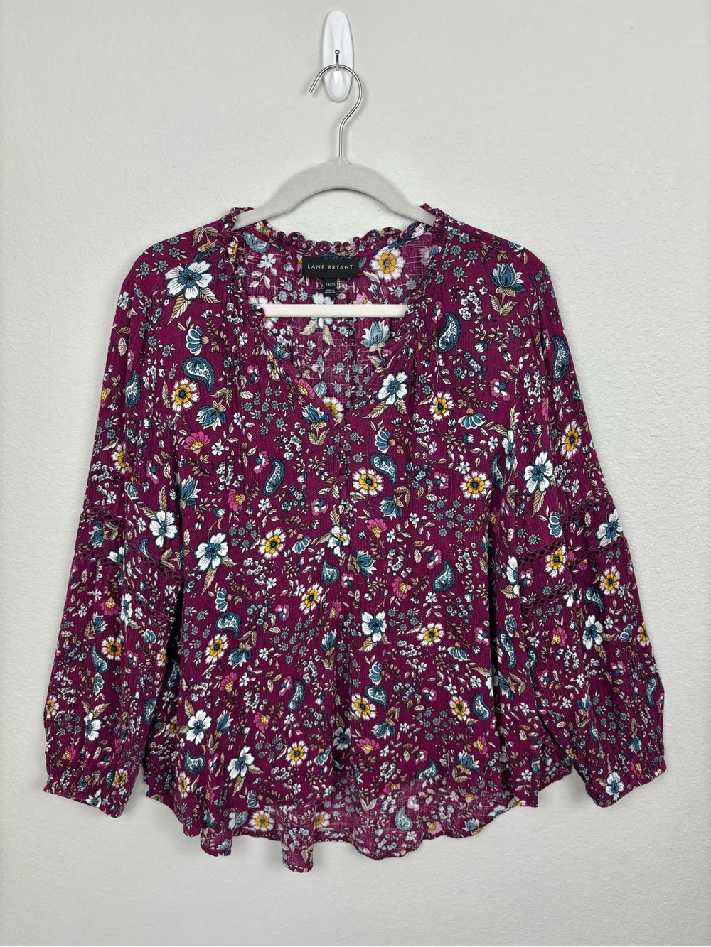 Lane Bryant Plum Floral Peasant Blouse Size 18/20 Flowy Cottagecore Boho Paisley
